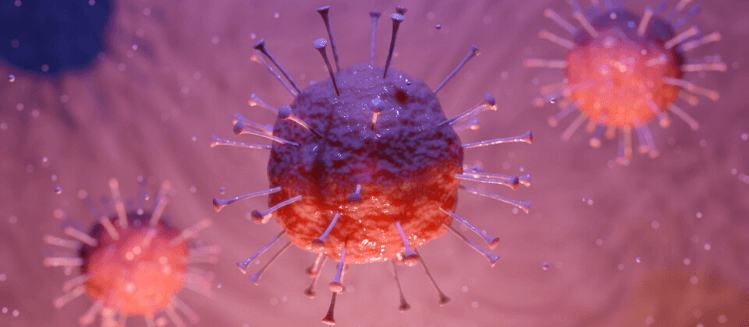 Orange and purple magnified photo of the virus