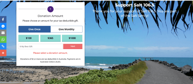 Screenshot of SALTFM website donation form