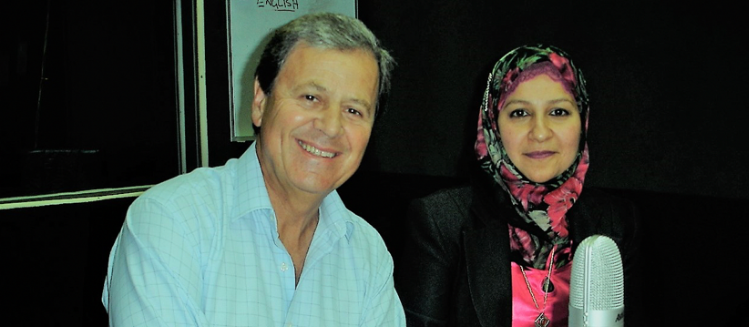 Ray Martin and Faten El Dana in the studio in front of a microphone
