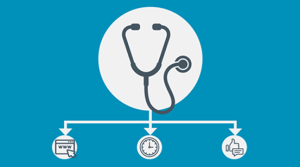 Icons indicating health checks including a stethoscope, clock and thumbs up to indicate good health