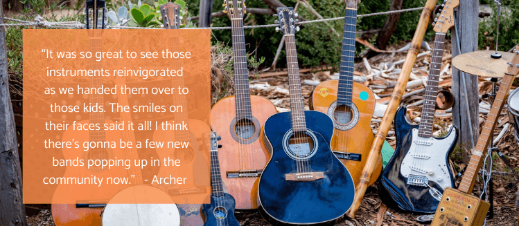 Quote from Archer over picture of guitars: “It was so great to see those instruments reinvigorated as we handed them over to those kids. The smiles on their faces said it all! I think there’s gonna be a few new bands popping up in the community now."