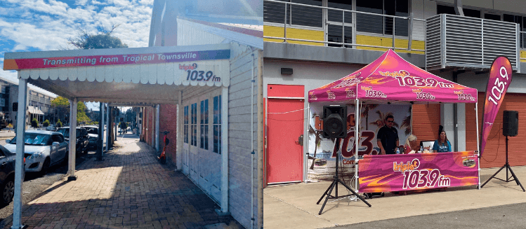 two photos: on the left outside Triple T radio station, on the right outside broadcast at the markets