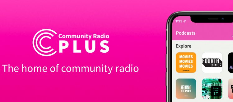Community Radio Plus logo and sample content on a mobile phone