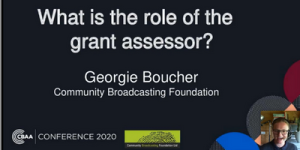 Screen shot of online presentation 'What is the role of a grant assessor' by Georgie Boucher with a woman ready to present