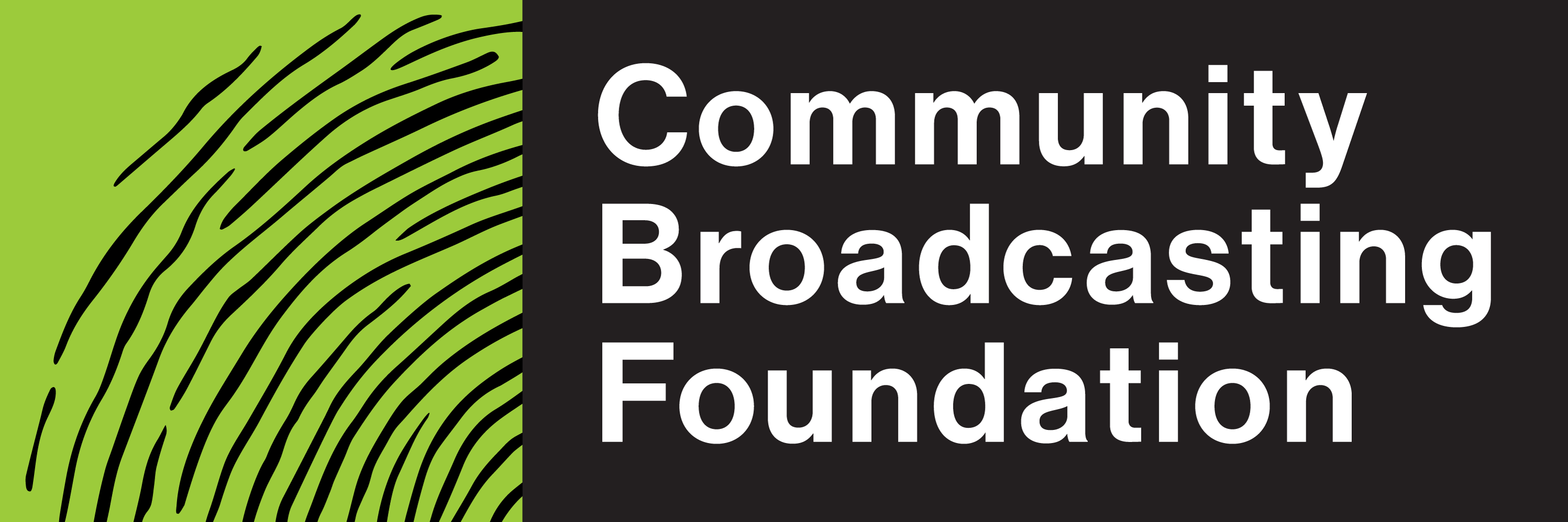 Community Broadcasting Foundation in white writing on black background beside green square with sound waves