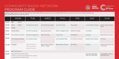 Screen shot of Community Radio Network or CRN schedule