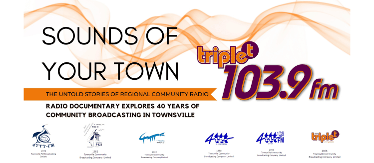 Digital banner promoting radio documentary series called Sounds of Your Town with Triple T logo and sponsorship logos against a white background and orange ribbon like patterns behind the text