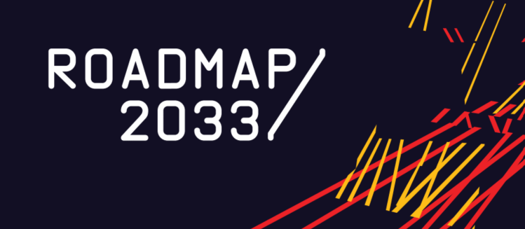 white logo that reads roadmap 2033 on a black background with yellow and red stick patterns
