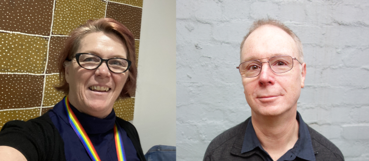 Two photos side by side featuring one of a woman wearing a black top in a rainbow pride lanyard and a man with glasses and light hair with a coloured long sleeve top
