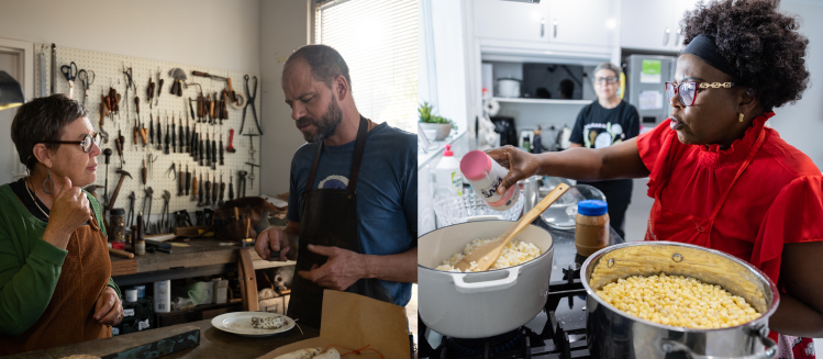 Two separate images placed side by side with the first featuring two people having a conversation in a tool shed while preparing salami on a plate and the second image featuring a woman in a bright red top pouring salt into a large saucepan in a house kitchen