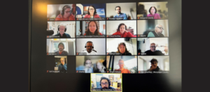 A screen shot of 17 poeple on a online meeting with small square photos of their faces. 