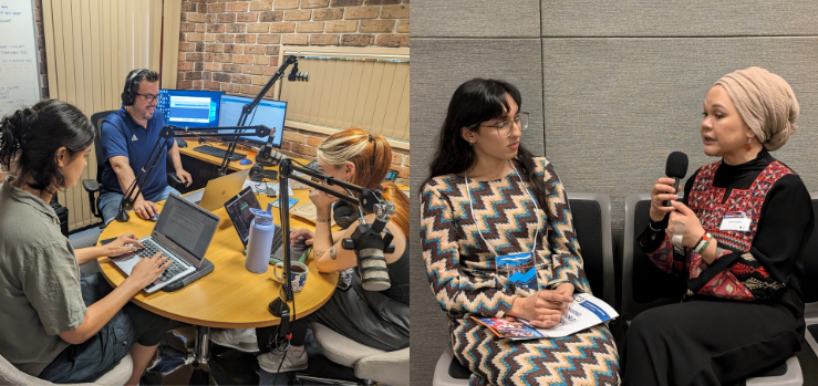 A picture of two females sitting and having a conversation holding microphones and wearing name tags next to a picture of two young females sitting at a desk with an adult man in a broadcasting studio surrounding by microphones and broadcasting equipment and a whiteboard in the background